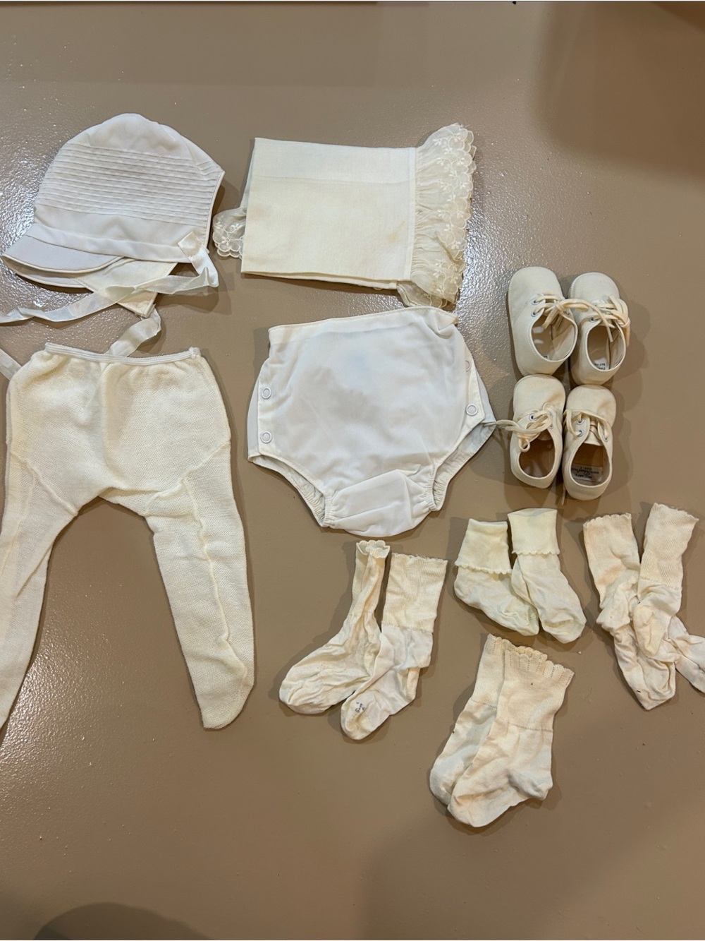Vintage 1960s Cream and white baby accessories